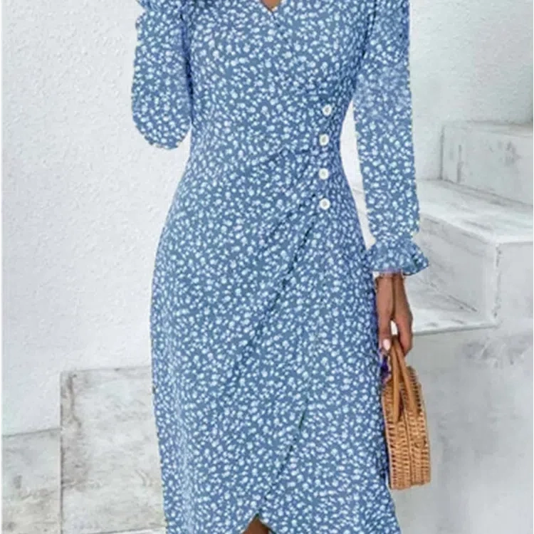 Women's Summer Elegant Dotted Flower Print Bubble Sleeve V-neck Slim Fit Dress S-5XL