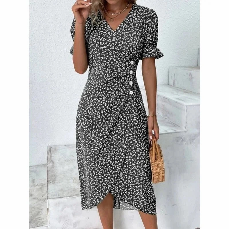 Women's Summer Elegant Dotted Flower Print Bubble Sleeve V-neck Slim Fit Dress S-5XL