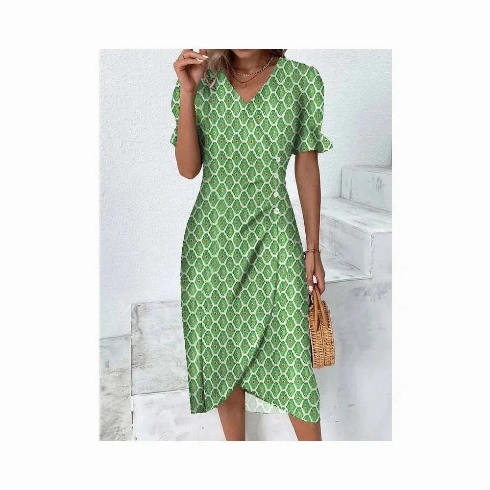 Women's Summer Elegant Dotted Flower Print Bubble Sleeve V-neck Slim Fit Dress S-5XL