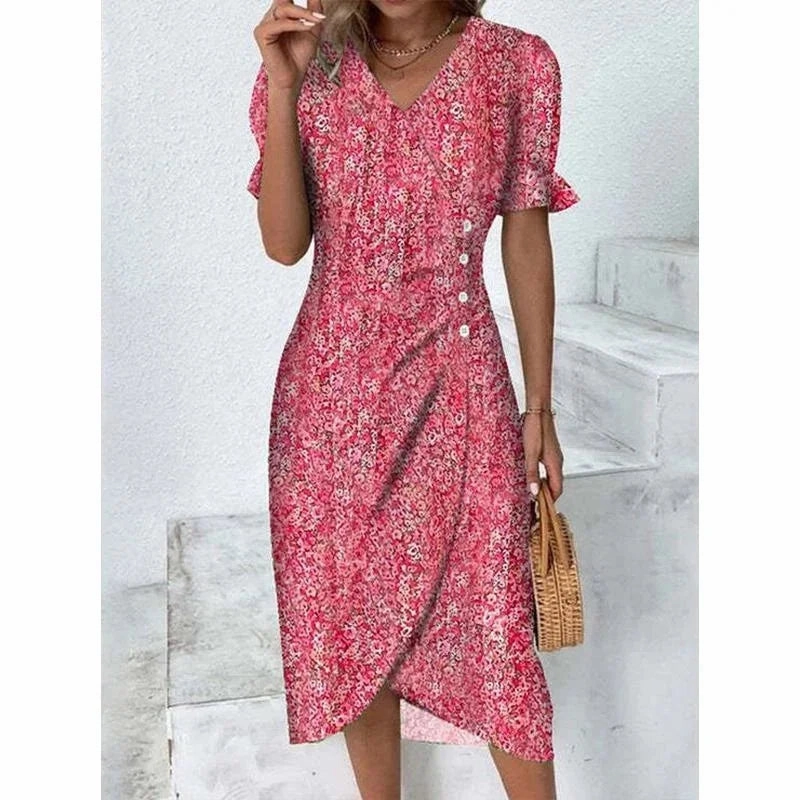 Women's Summer Elegant Dotted Flower Print Bubble Sleeve V-neck Slim Fit Dress S-5XL