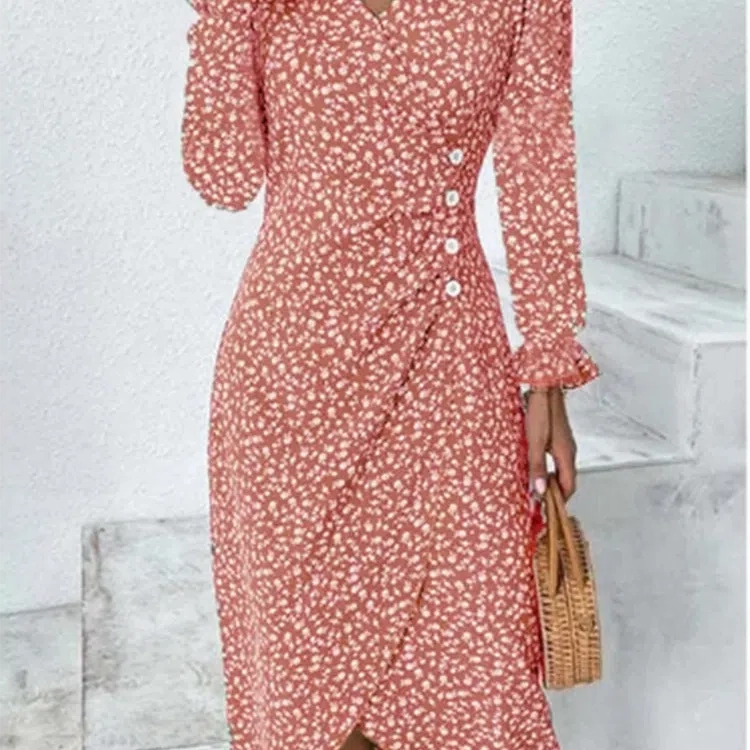 Women's Summer Elegant Dotted Flower Print Bubble Sleeve V-neck Slim Fit Dress S-5XL