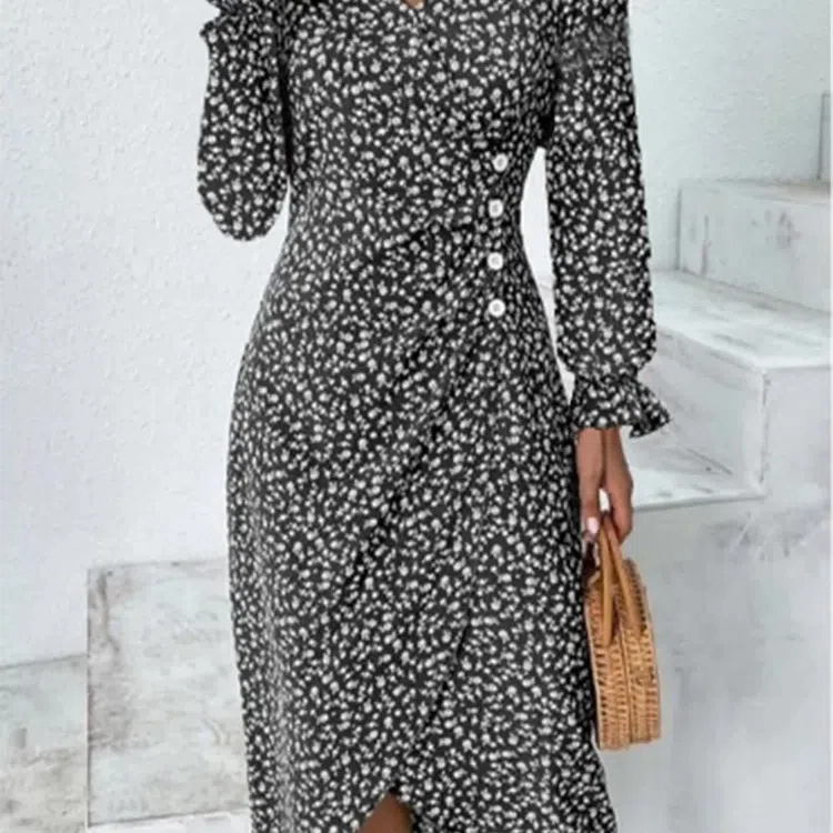 Women's Summer Elegant Dotted Flower Print Bubble Sleeve V-neck Slim Fit Dress S-5XL