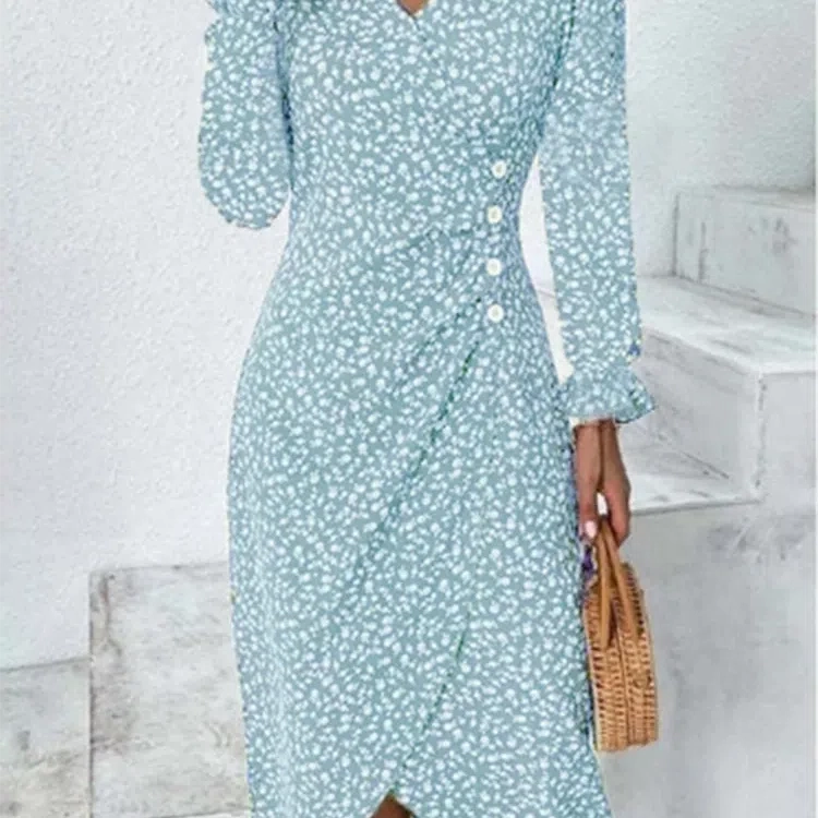 Women's Summer Elegant Dotted Flower Print Bubble Sleeve V-neck Slim Fit Dress S-5XL