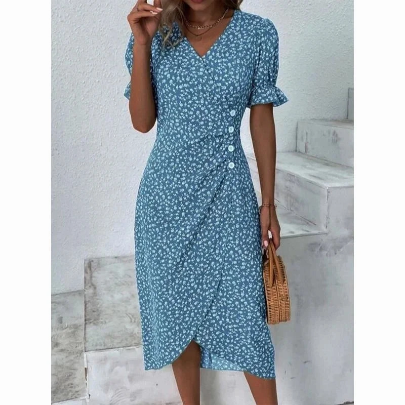 Women's Summer Elegant Dotted Flower Print Bubble Sleeve V-neck Slim Fit Dress S-5XL
