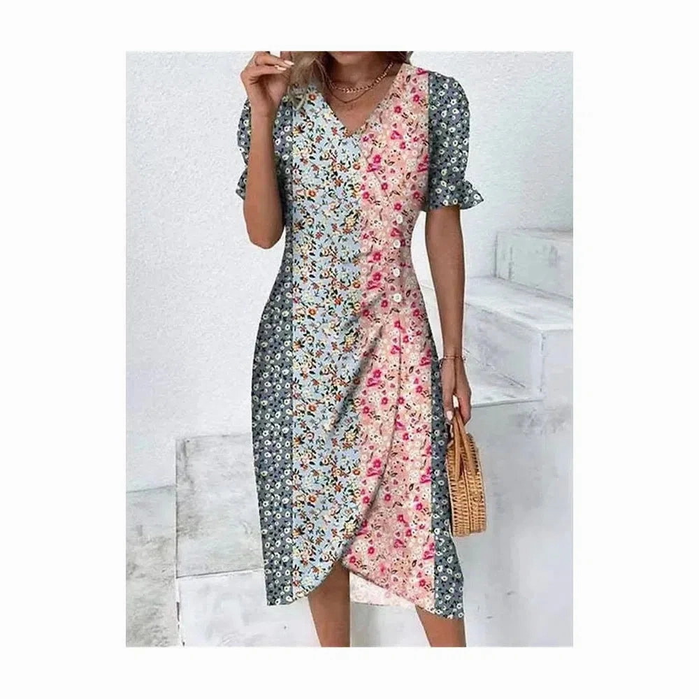Women's Summer Elegant Dotted Flower Print Bubble Sleeve V-neck Slim Fit Dress S-5XL