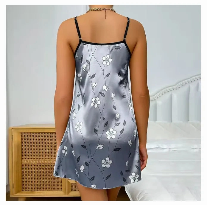 Women's Summer Floral Satin Nightgown Casual Backless Slip Dress