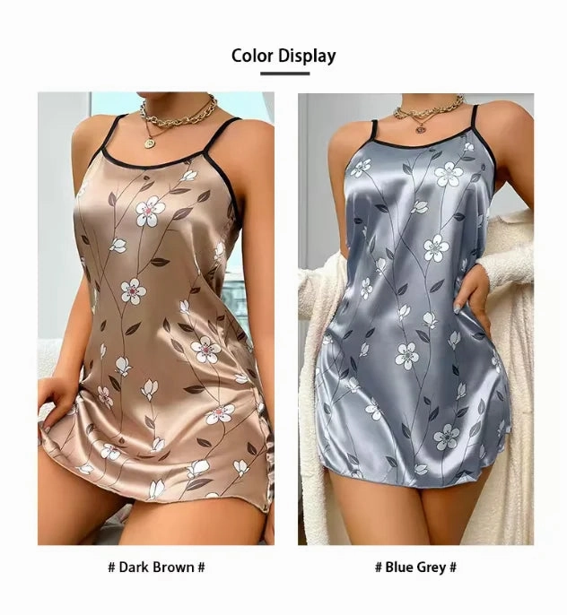 Women's Summer Floral Satin Nightgown Casual Backless Slip Dress