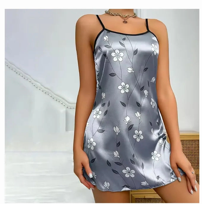 Women's Summer Floral Satin Nightgown Casual Backless Slip Dress