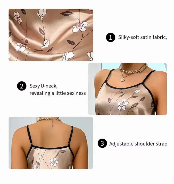 Women's Summer Floral Satin Nightgown Casual Backless Slip Dress
