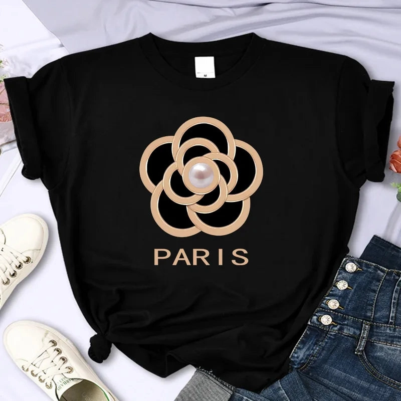 Women's Summer Flower Print T Shirt with O-Neck and Short Sleeves Oversized Casual Crop Top for Fashion and Party