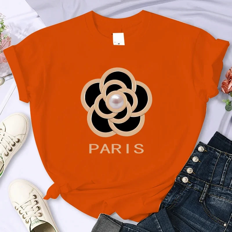 Women's Summer Flower Print T Shirt with O-Neck and Short Sleeves Oversized Casual Crop Top for Fashion and Party