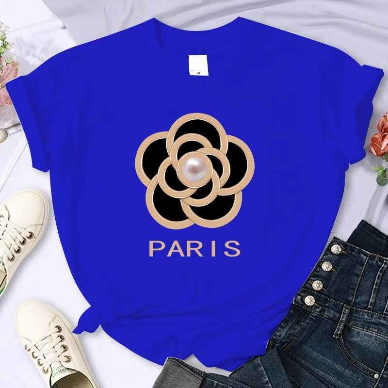 Women's Summer Flower Print T Shirt with O-Neck and Short Sleeves Oversized Casual Crop Top for Fashion and Party