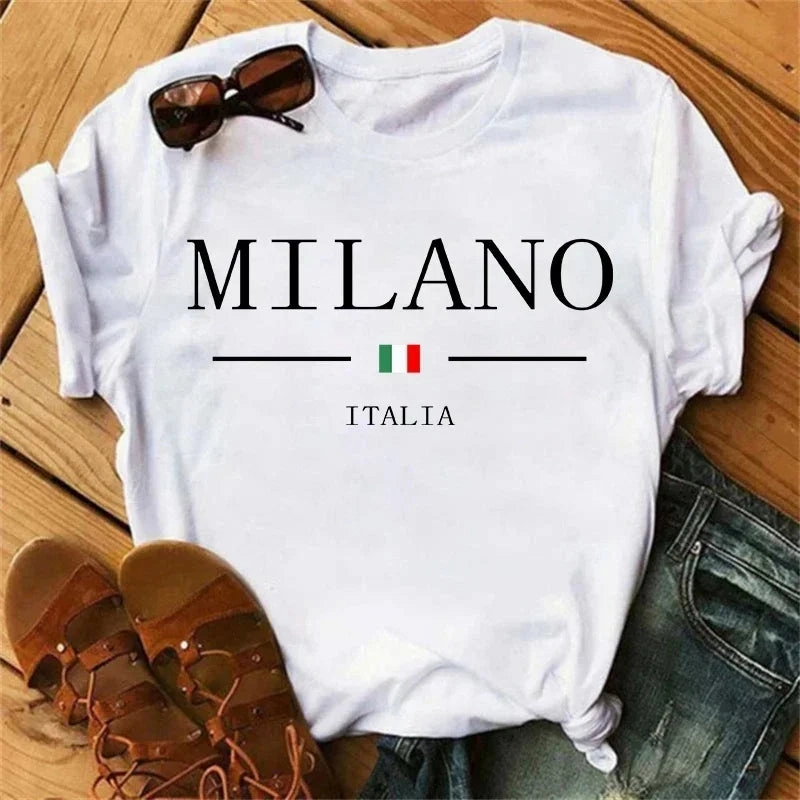 Women's Summer Milano Letters Print Y2K Short Sleeve T-Shirt Casual Loose Pure Soft Top for Fashion and Going Out