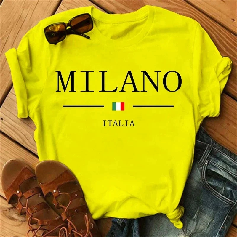Women's Summer Milano Letters Print Y2K Short Sleeve T-Shirt Casual Loose Pure Soft Top for Fashion and Going Out