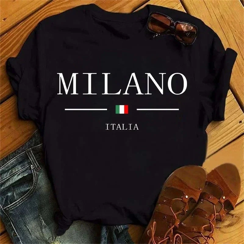 Women's Summer Milano Letters Print Y2K Short Sleeve T-Shirt Casual Loose Pure Soft Top for Fashion and Going Out