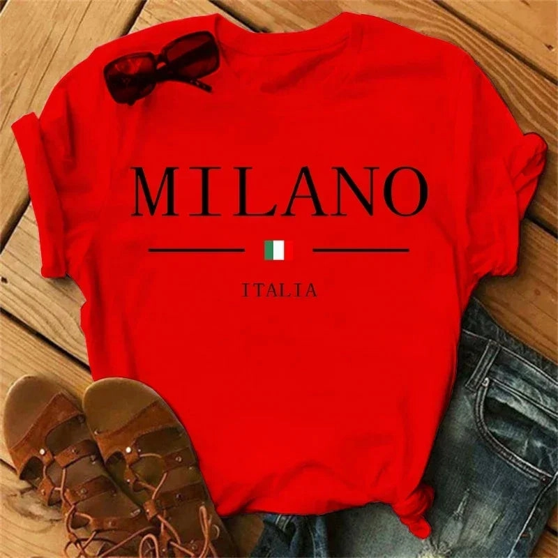Women's Summer Milano Letters Print Y2K Short Sleeve T-Shirt Casual Loose Pure Soft Top for Fashion and Going Out