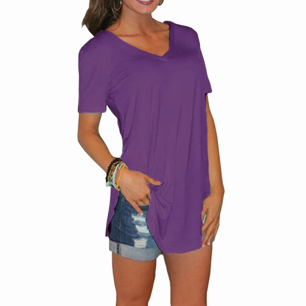 Women's Summer V-Neck Short Sleeve Loose Blouse with Arc Hem Casual Knit Top