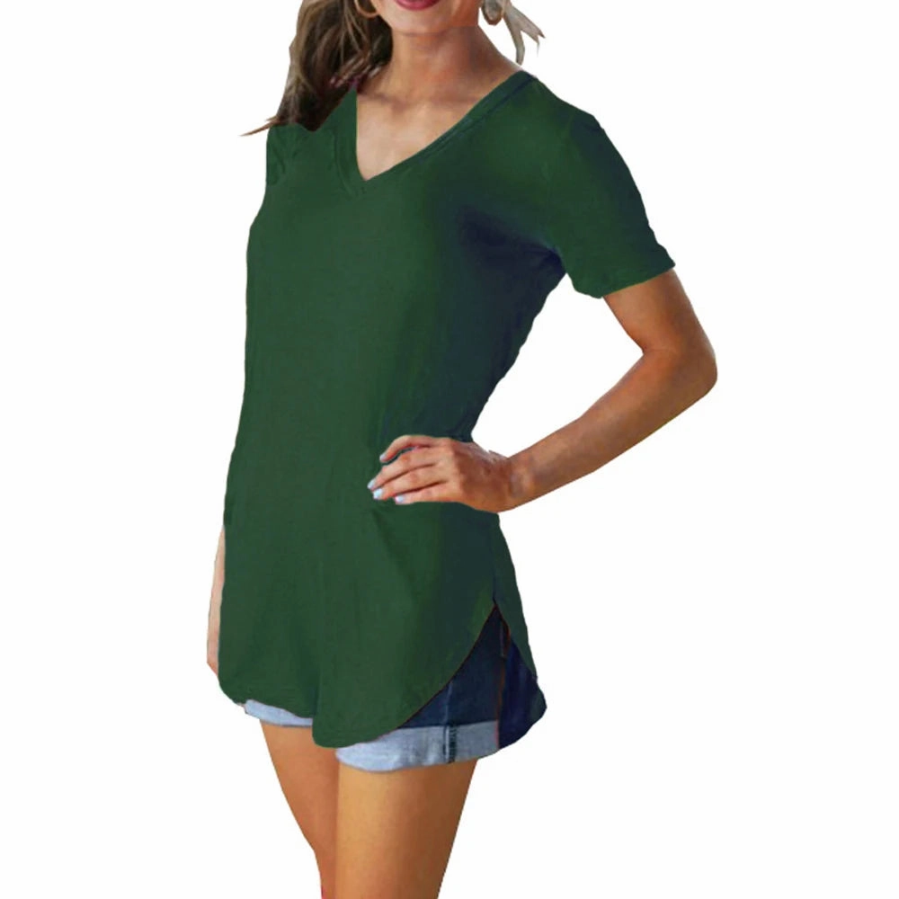 Women's Summer V-Neck Short Sleeve Loose Blouse with Arc Hem Casual Knit Top