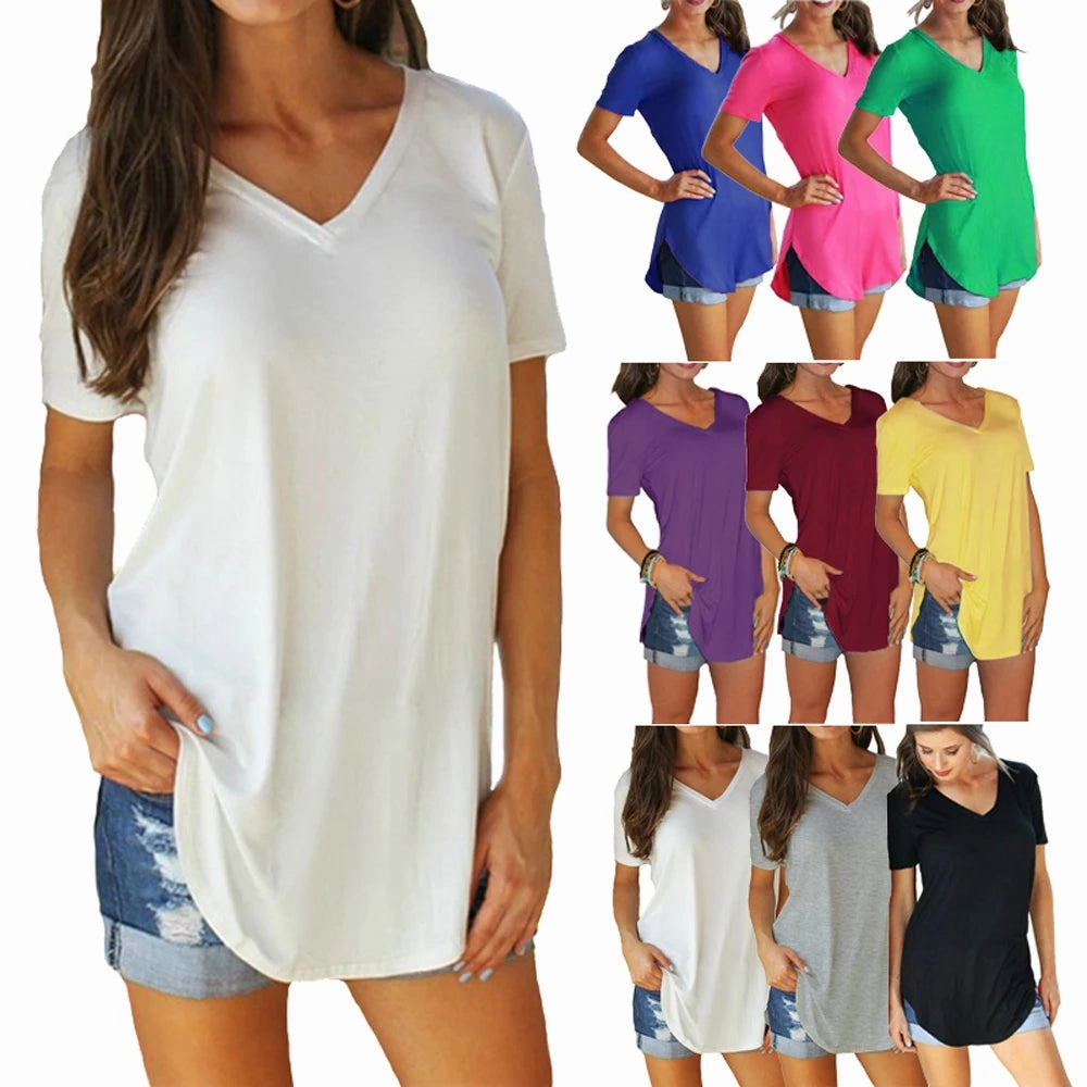 Women's Summer V-Neck Short Sleeve Loose Blouse with Arc Hem Casual Knit Top