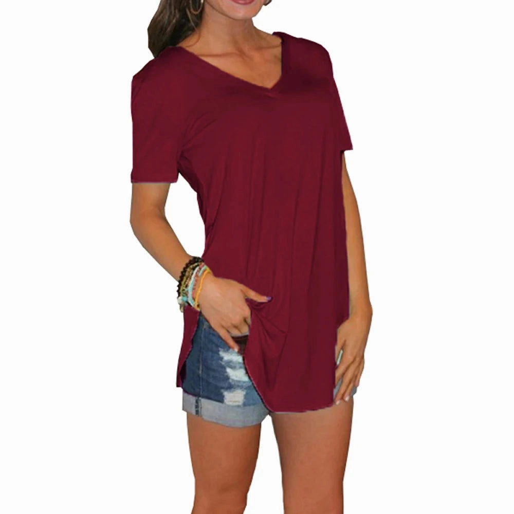Women's Summer V-Neck Short Sleeve Loose Blouse with Arc Hem Casual Knit Top