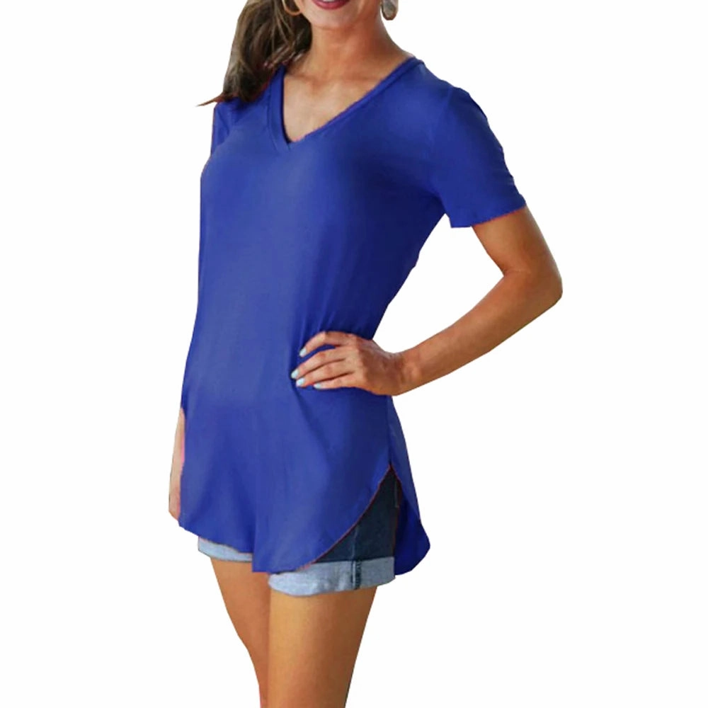 Women's Summer V-Neck Short Sleeve Loose Blouse with Arc Hem Casual Knit Top