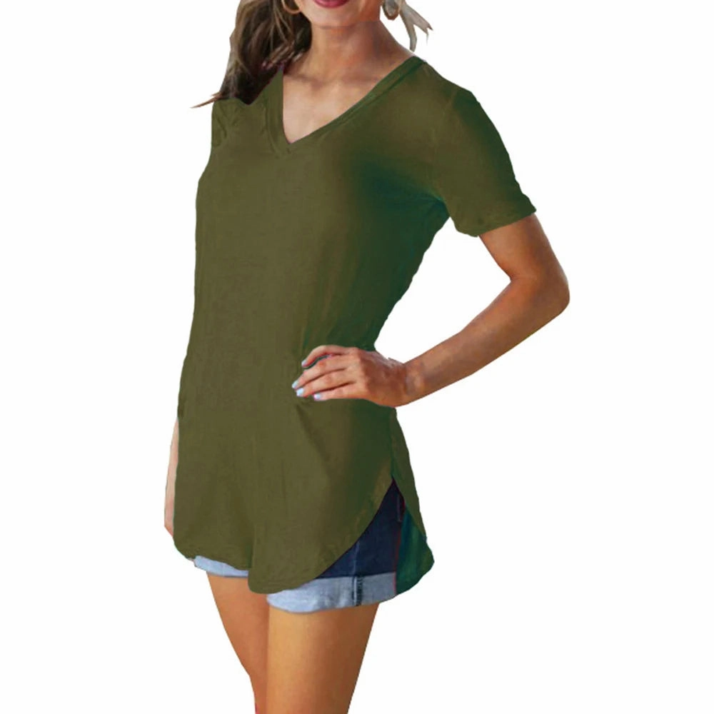 Women's Summer V-Neck Short Sleeve Loose Blouse with Arc Hem Casual Knit Top