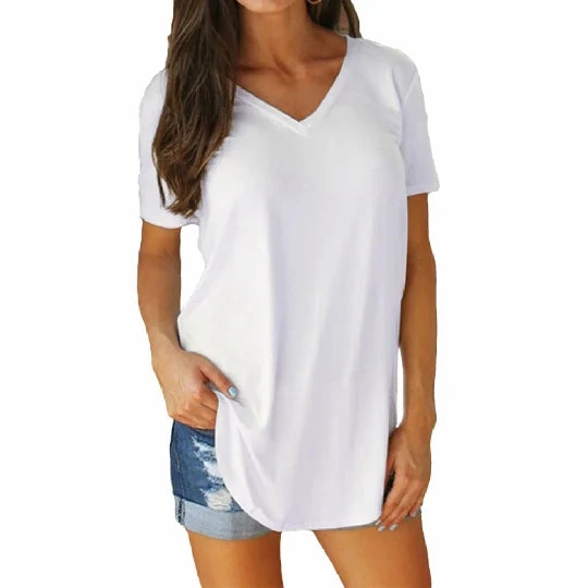 Women's Summer V-Neck Short Sleeve Loose Blouse with Arc Hem Casual Knit Top