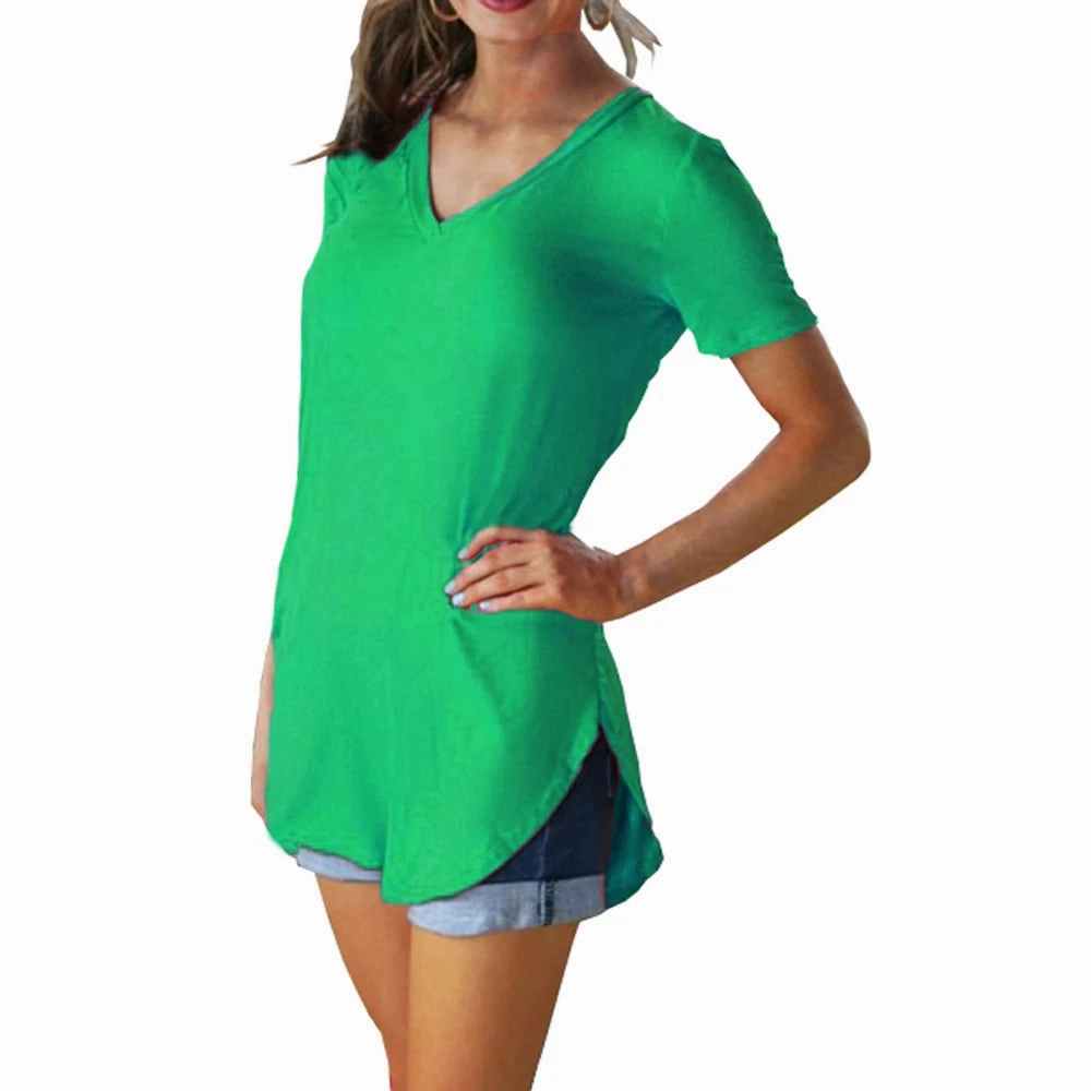 Women's Summer V-Neck Short Sleeve Loose Blouse with Arc Hem Casual Knit Top