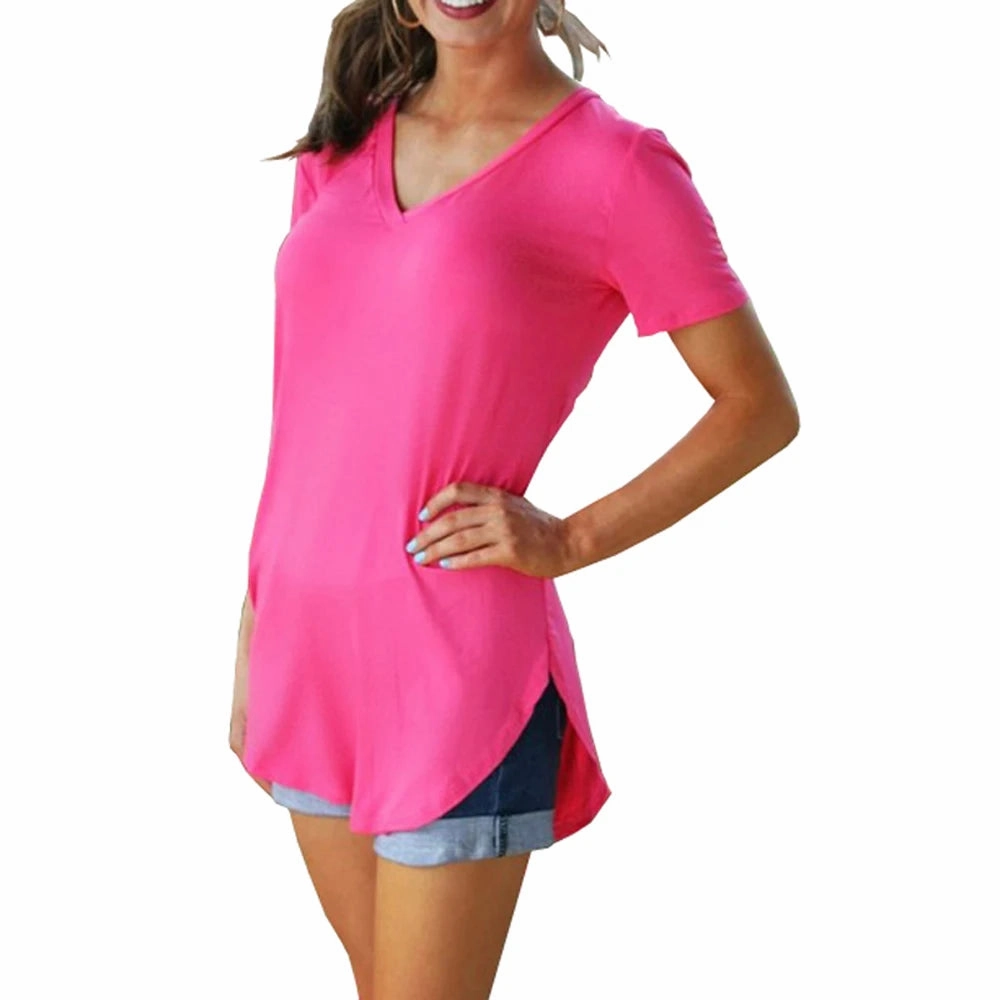 Women's Summer V-Neck Short Sleeve Loose Blouse with Arc Hem Casual Knit Top