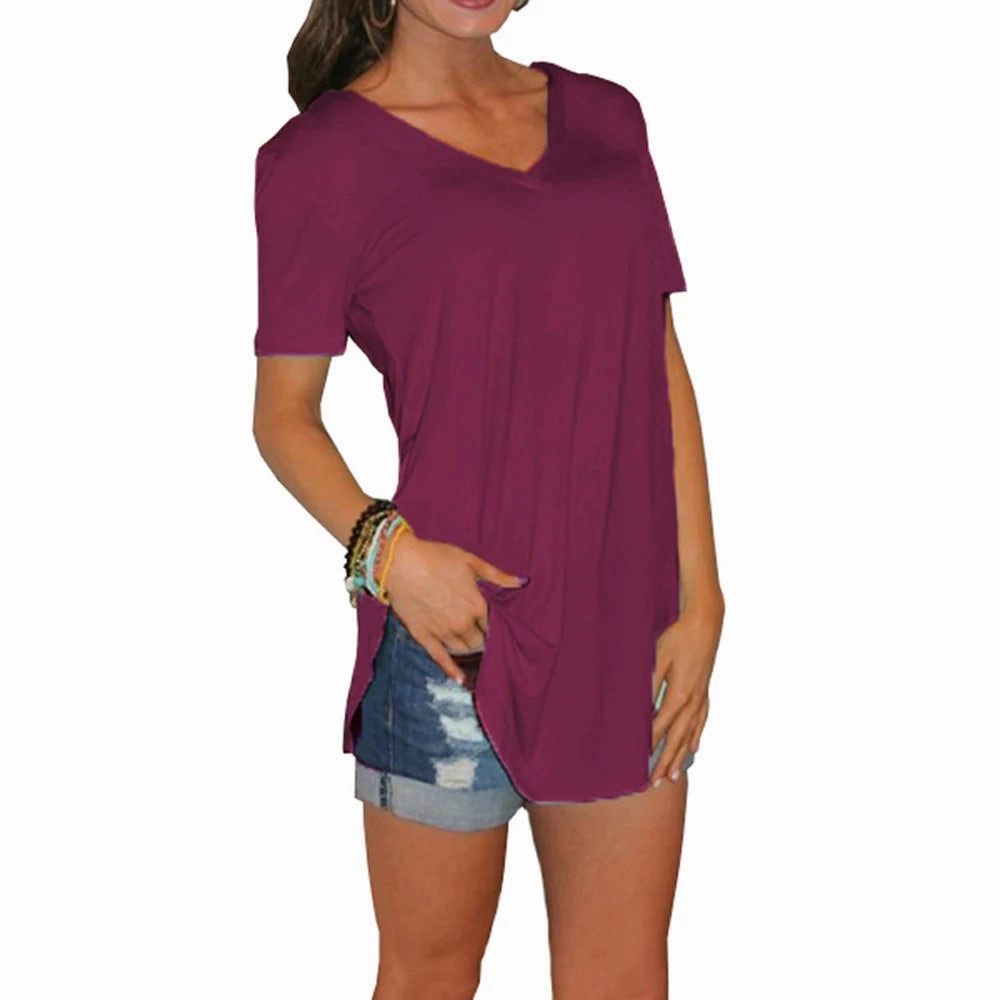 Women's Summer V-Neck Short Sleeve Loose Blouse with Arc Hem Casual Knit Top