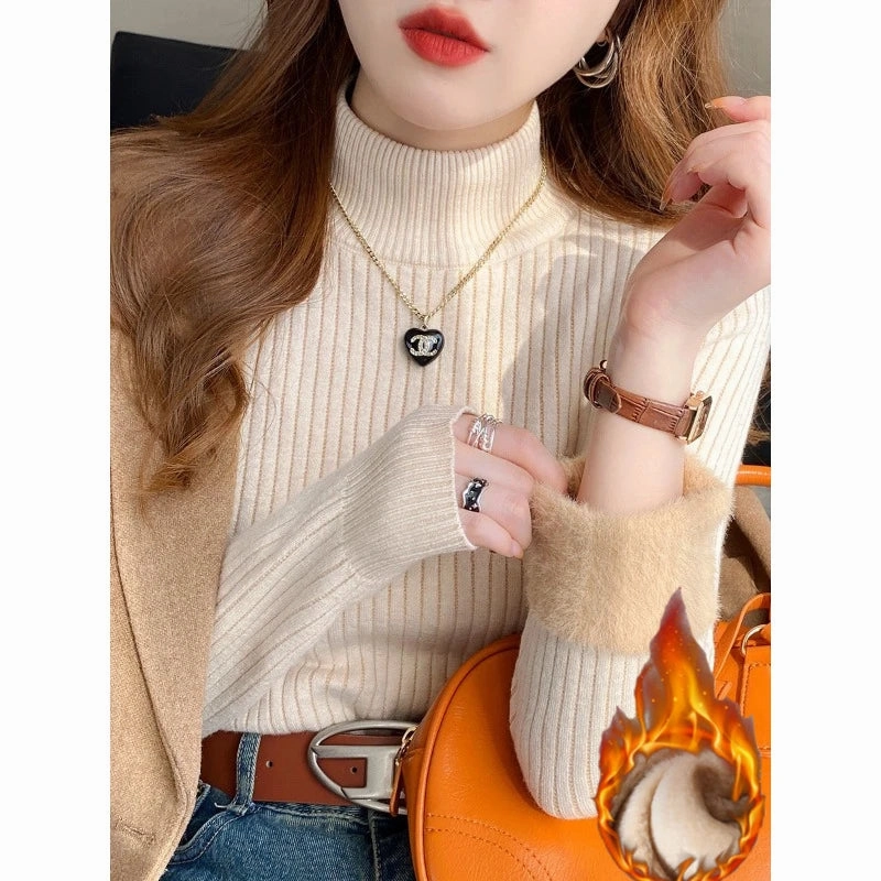 Women's Turtleneck Sweater Winter 2025 Retro Red Velvet Lining Thermal Knitting Top