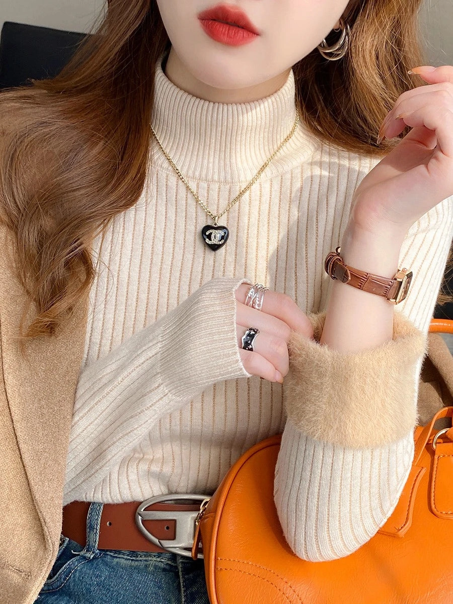 Women's Turtleneck Sweater Winter 2025 Retro Red Velvet Lining Thermal Knitting Top