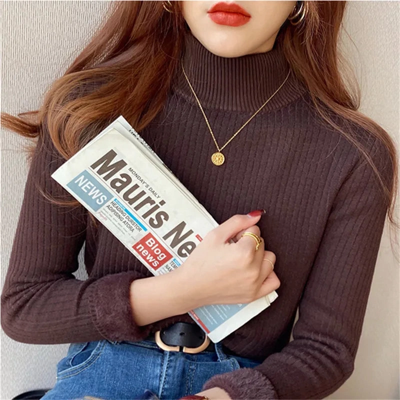 Women's Turtleneck Sweater Winter 2025 Retro Red Velvet Lining Thermal Knitting Top