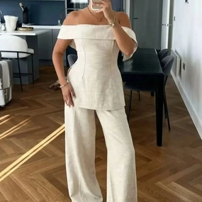Women's Two Piece Set Off Shoulder Top and Wide Leg Pants High Street Fashion Slim Fit Casual Summer Outfit