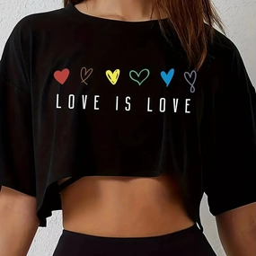 Women's Vibrant Pride Crop Top T-Shirt Short Sleeve Casual Loose Fit Breathable Polyester Colorful Heart for Summer and Festival Outfits
