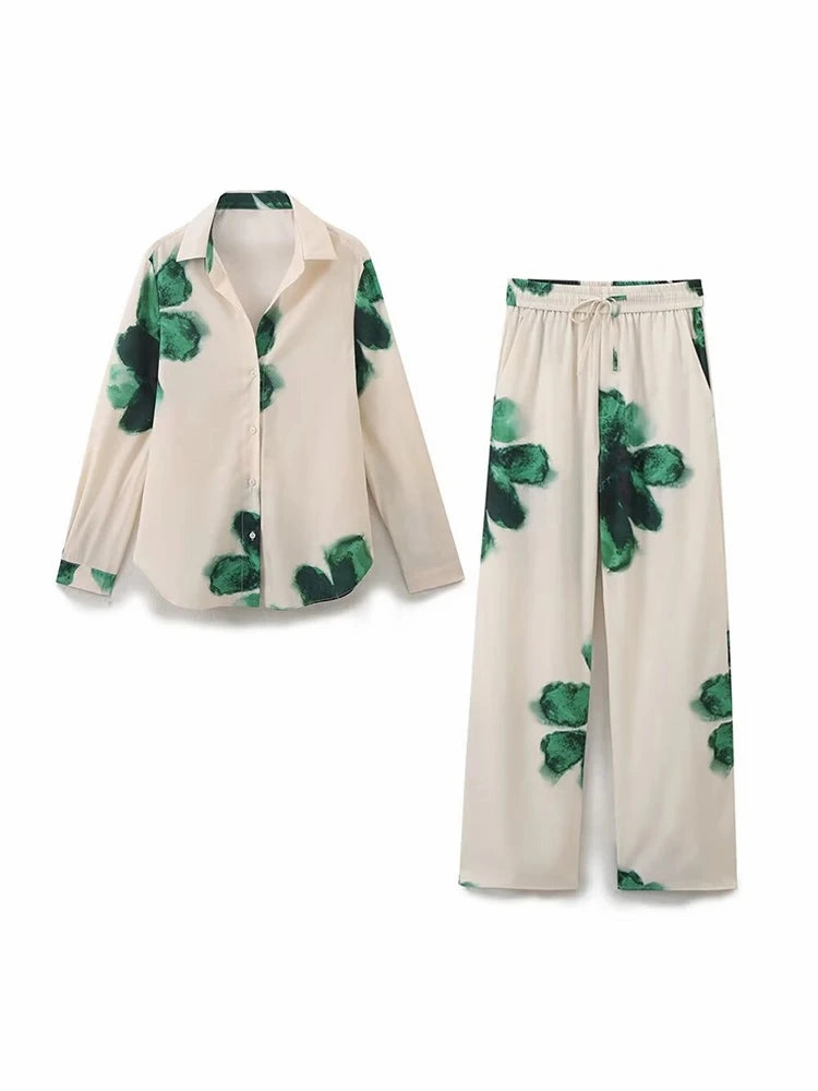 Women's Vintage Printed Satin Suit Set Wide Leg High Waisted Casual Shirt and Pants for Office and Everyday Wear