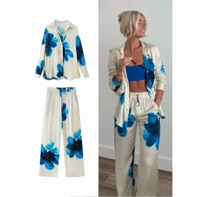 Women's Vintage Printed Satin Suit Set Wide Leg High Waisted Casual Shirt and Pants for Office and Everyday Wear