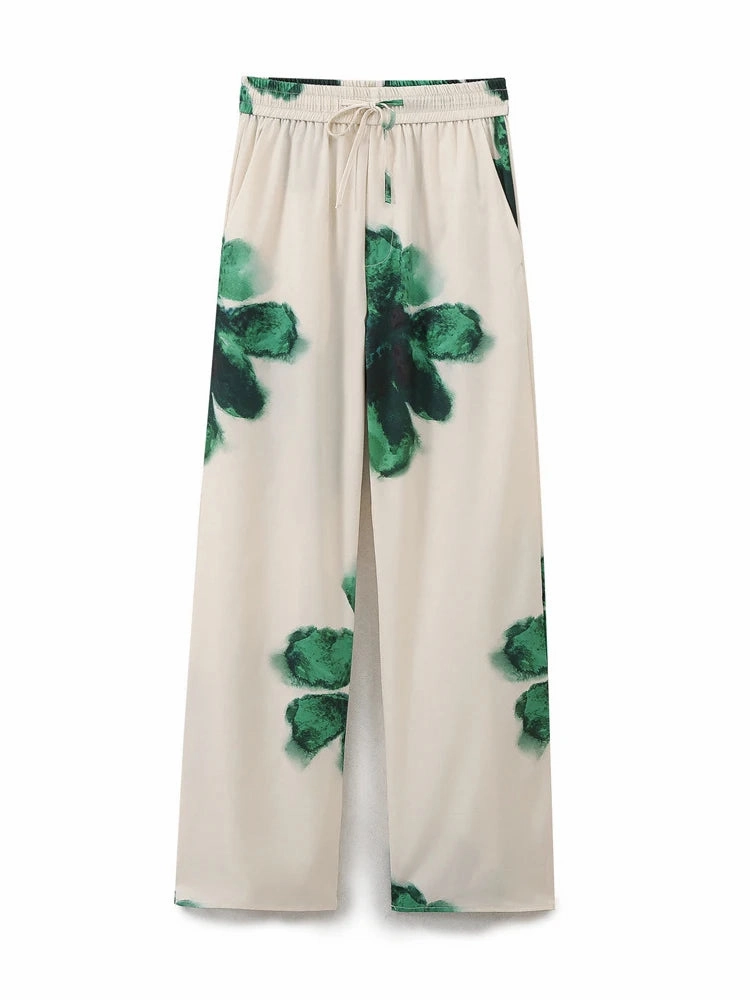 Women's Vintage Printed Satin Suit Set Wide Leg High Waisted Casual Shirt and Pants for Office and Everyday Wear