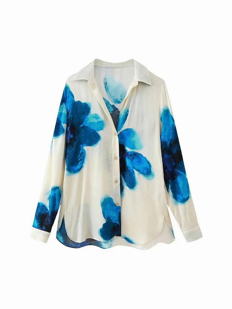 Women's Vintage Printed Satin Suit Set Wide Leg High Waisted Casual Shirt and Pants for Office and Everyday Wear