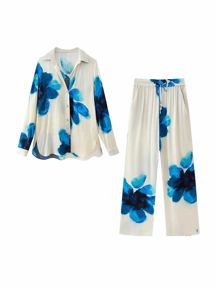 Women's Vintage Printed Satin Suit Set Wide Leg High Waisted Casual Shirt and Pants for Office and Everyday Wear