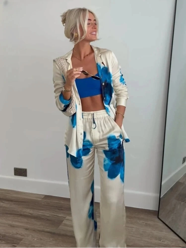 Women's Vintage Printed Satin Suit Set Wide Leg High Waisted Casual Shirt and Pants for Office and Everyday Wear