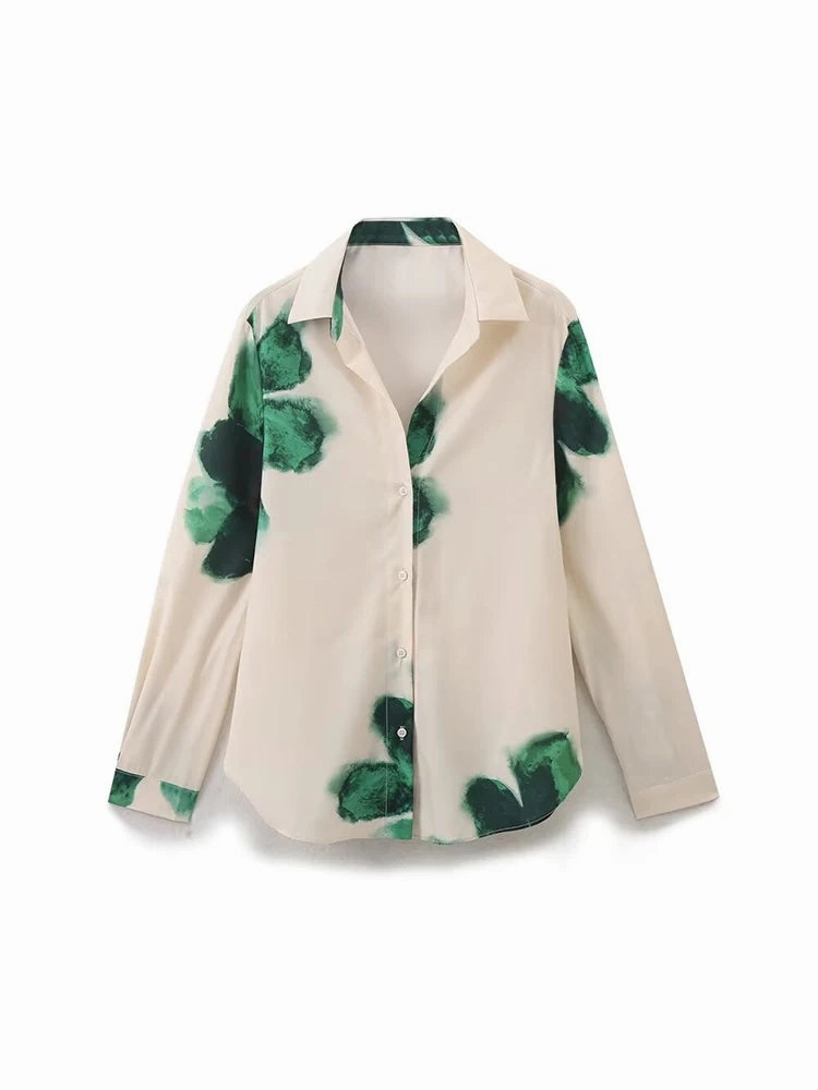 Women's Vintage Printed Satin Suit Set Wide Leg High Waisted Casual Shirt and Pants for Office and Everyday Wear
