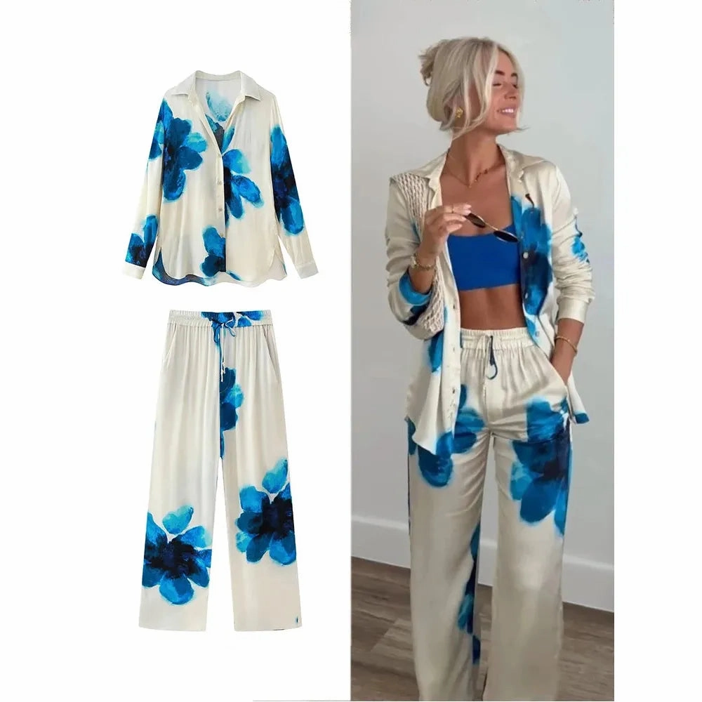 Women's Vintage Printed Satin Suit Set Wide Leg High Waisted Casual Shirt and Pants for Office and Everyday Wear