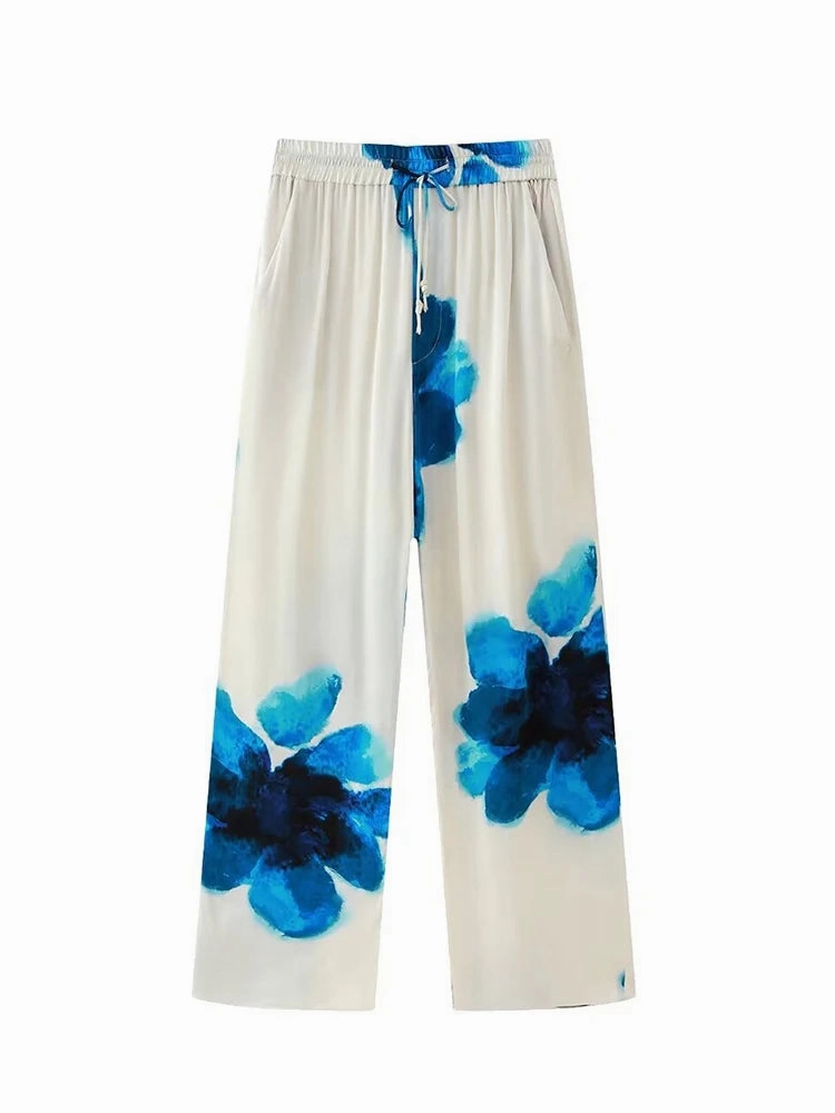 Women's Vintage Printed Satin Suit Set Wide Leg High Waisted Casual Shirt and Pants for Office and Everyday Wear