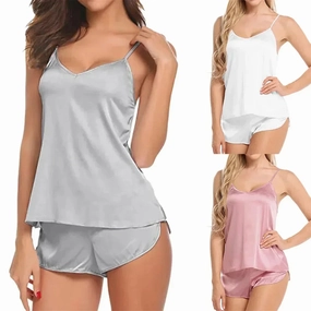 Women Sexy Solid Satin Pajama Set Ice Silk V Neck Top Shorts Comfortable Loungewear Sleepwear