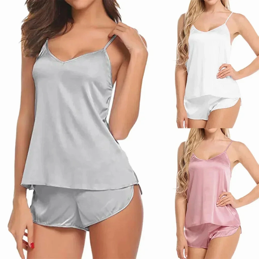 Women Sexy Solid Satin Pajama Set Ice Silk V Neck Top Shorts Comfortable Loungewear Sleepwear