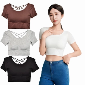 Women Short Sleeve Tank Tops Backless Crop T-shirt Plus Size Padded Slim Camisole for Spring Summer 2025