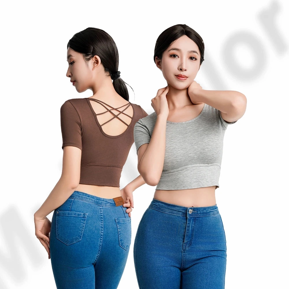 Women Short Sleeve Tank Tops Backless Crop T-shirt Plus Size Padded Slim Camisole for Spring Summer 2025