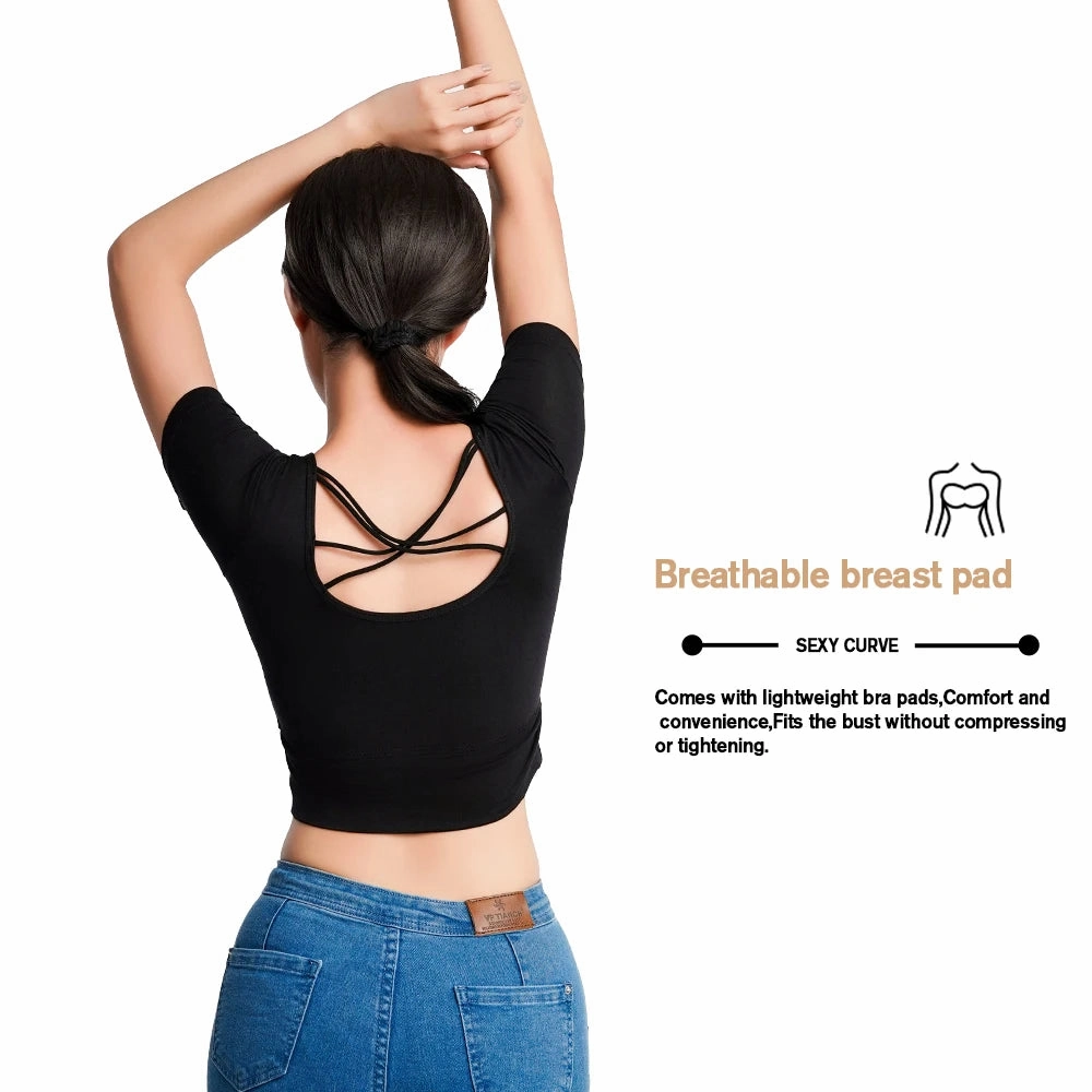 Women Short Sleeve Tank Tops Backless Crop T-shirt Plus Size Padded Slim Camisole for Spring Summer 2025