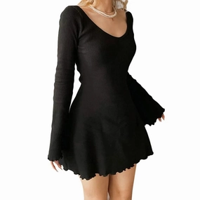 Women Solid Color Ribbed Long Sleeve V-Neck Slim Fit Dress